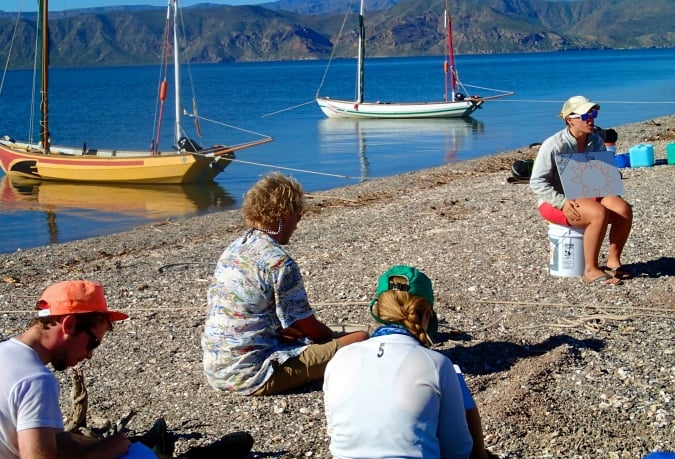 4 gap year students sitting by the water with sailboats anchored