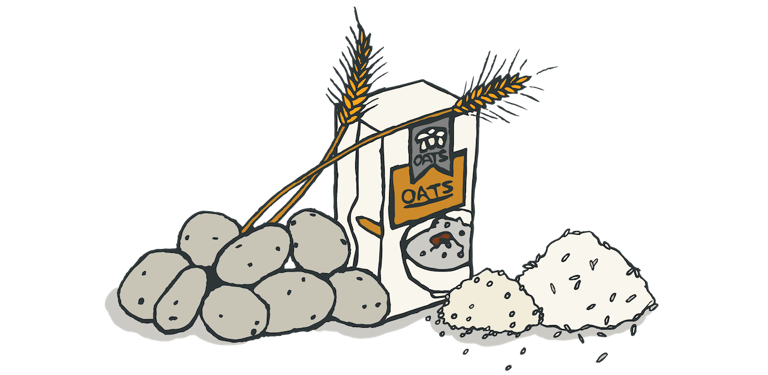 drawing of potatoes, stalks of wheat, box of oats, and other carbs 