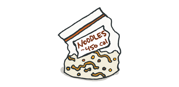 drawing of a labeled Ziploc with noodle and veggie instant meal