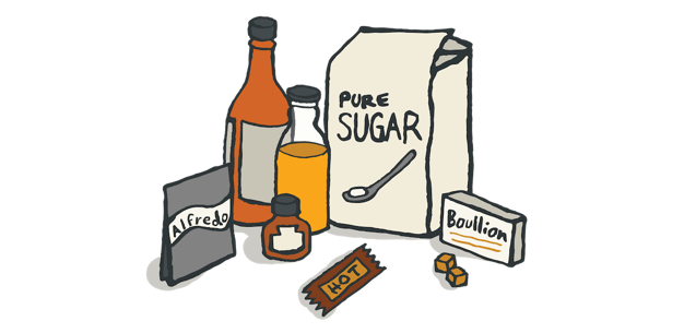 drawing of sauces and seasonings including bag of sugar, boullion, hot sauce, and alfredo packet