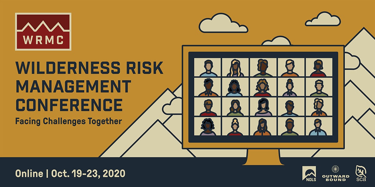 Banner advertising the 2020 Wilderness Risk Management conference with stylized artwork of a laptop overlaying a mountain scene