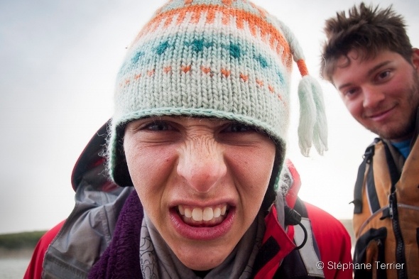 close up of NOLS student wearing winter hat and making silly face
