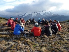 NOLS students circle up for a lesson in the mountains of Patagonia