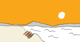 drawing of four kayaks on a beach with yellowy orange sky and white sun