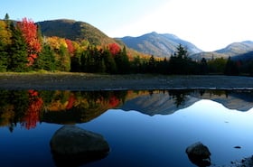 fall foliage in the Adirondacks with reflection of trees in a glassy lake