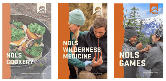 Book covers of NOLS Cookery, NOLS Wilderness Medicine, and NOLS Games