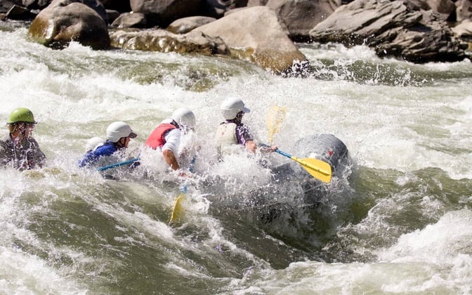 A group of 4 paddles a raft through a rapid