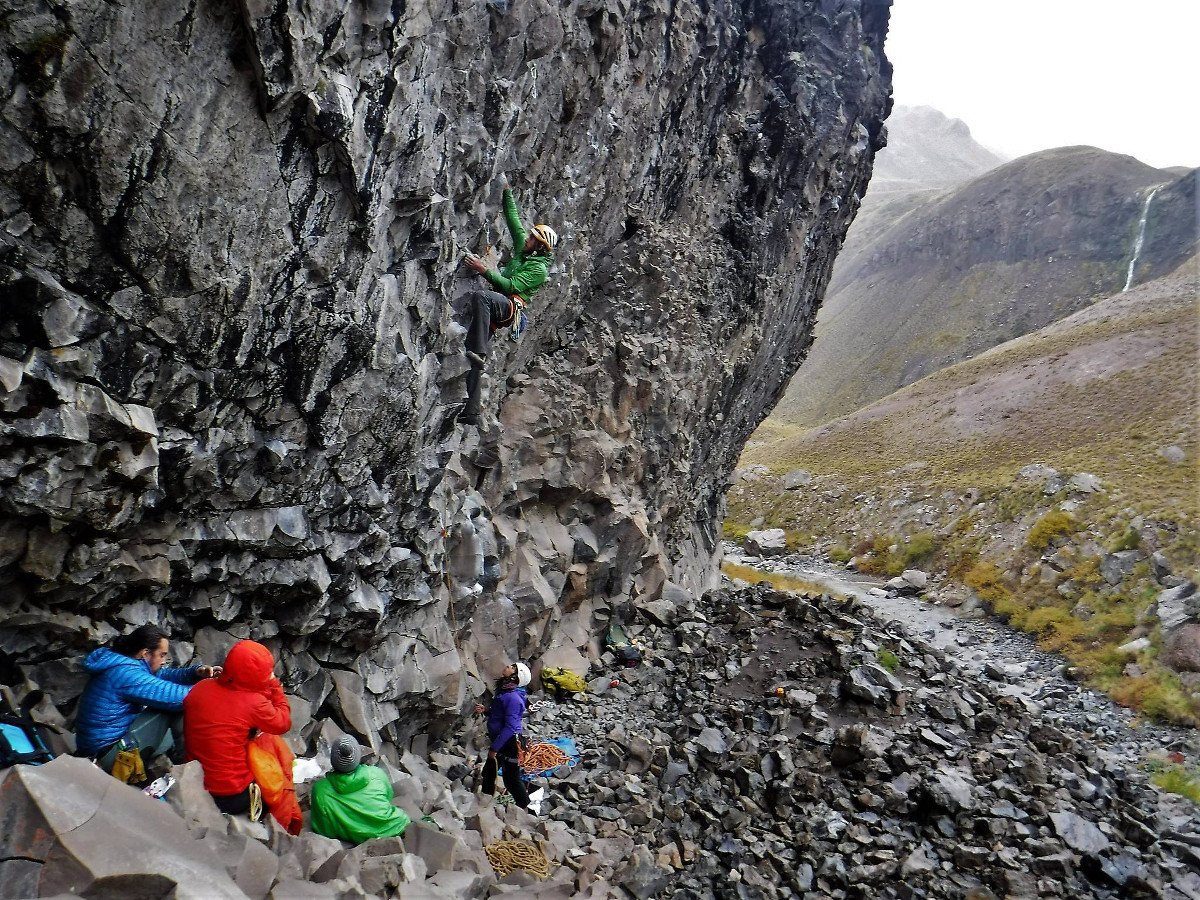 Rock climbers at a crag in Patagonia's mountains