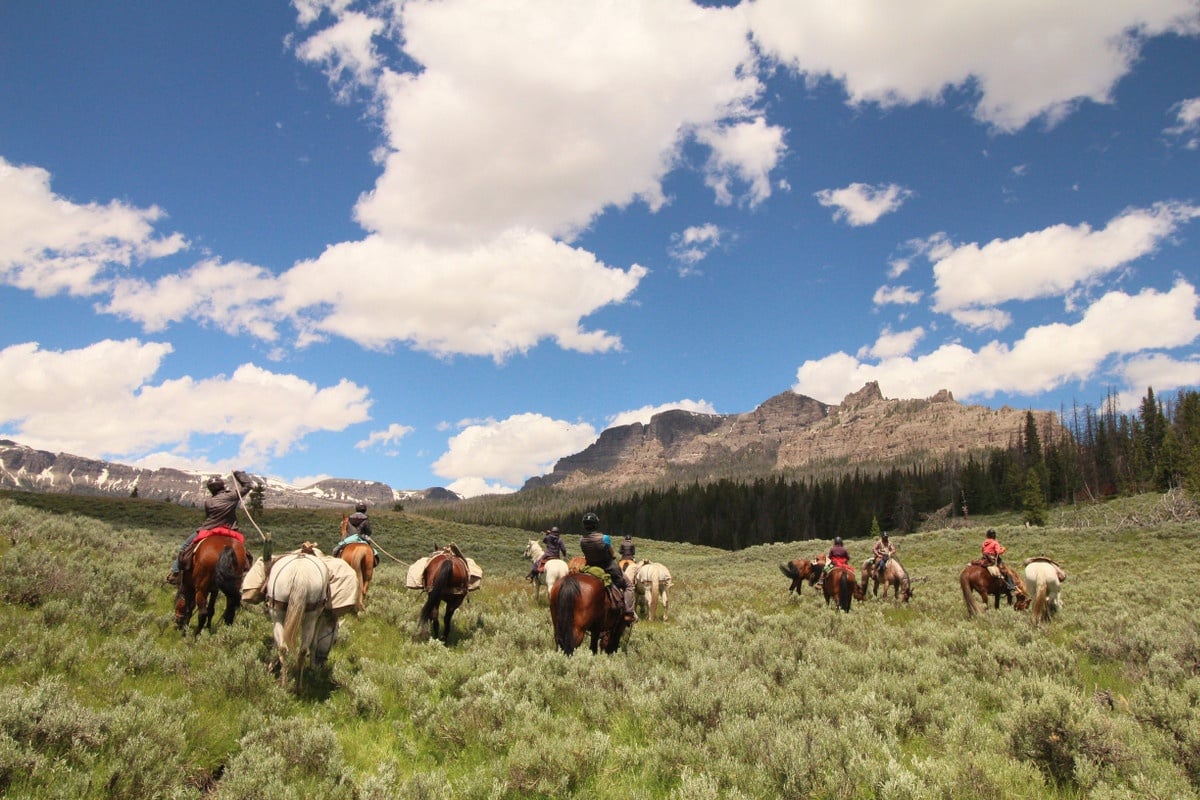 Students horsepacking through field with rocky ridge in the background