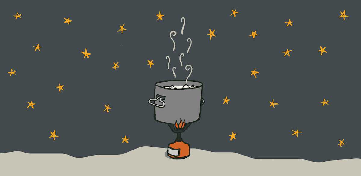 drawing of steaming pot over a campstove with stars overhead