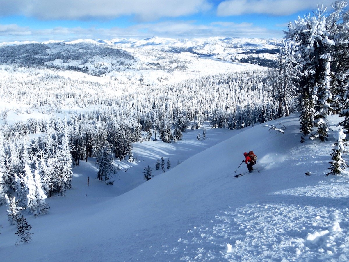 person wearing backpack skis down steep slope toward snow-covered pines with mountains beyond