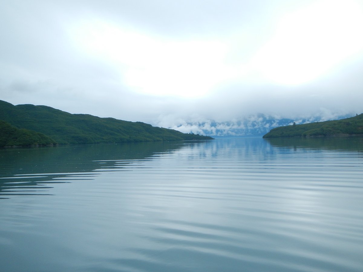 Calm waters with fog and mountains in Alaska