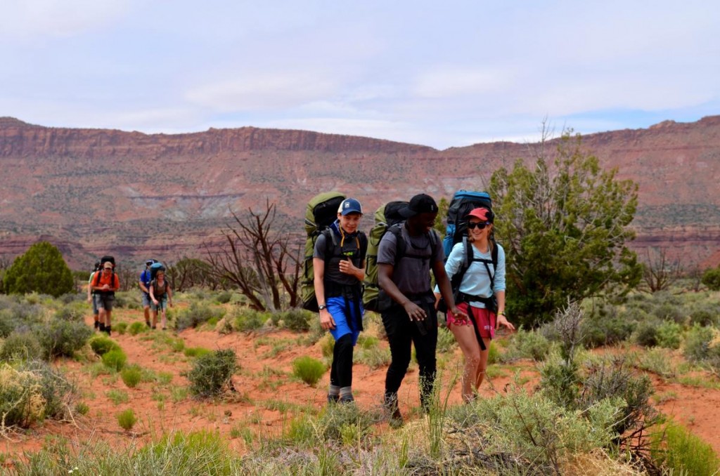Hikers on a trail with redrock canyons and desert plants