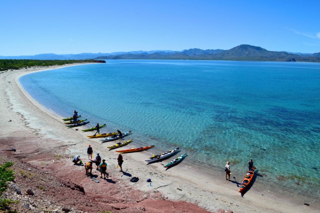 Kayakers get ready to paddle on the calm turquoise waters of Baja California 
