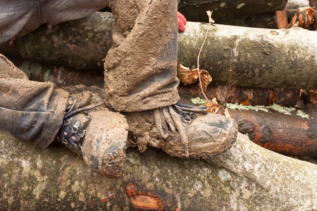 Close up on a muddy pair of boots
