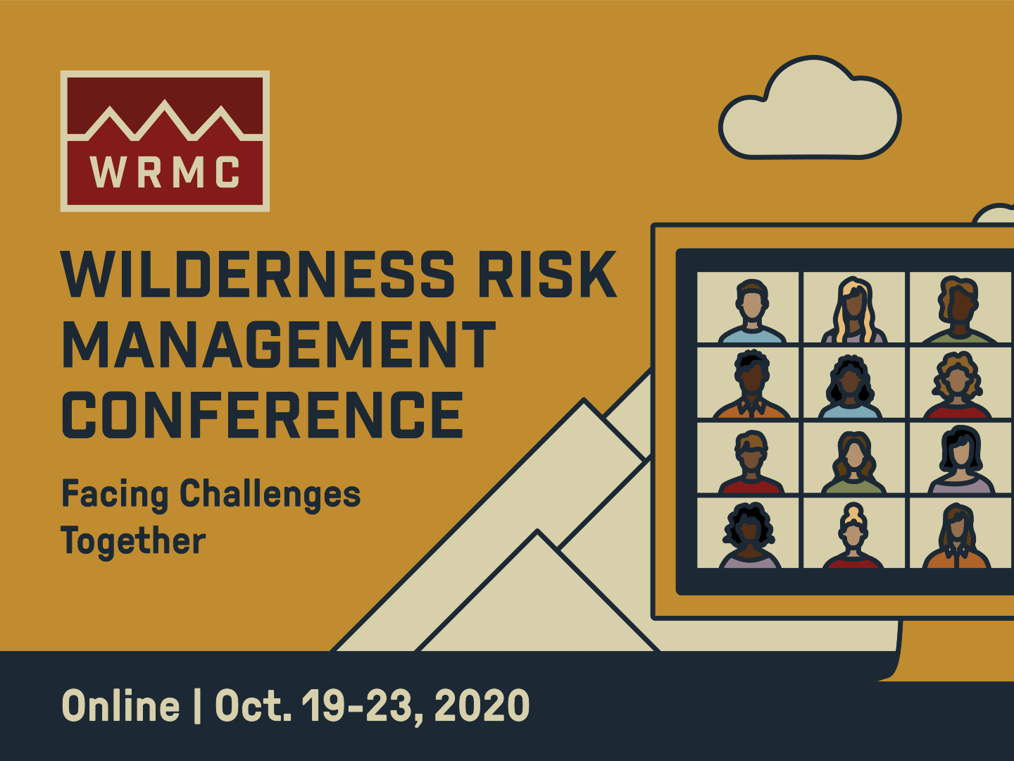 Banner for the 2020 Wilderness Risk Management Conference with stylized artwork of a laptop overlaying a mountain scene